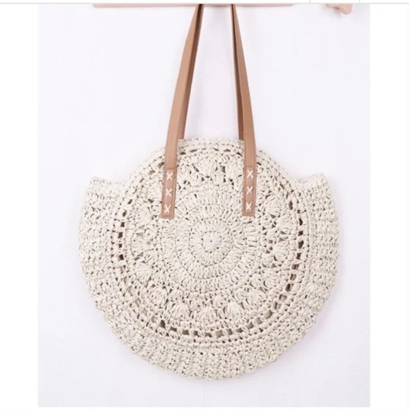 Boho Circular Large Straw Tote Summer Bag Cream